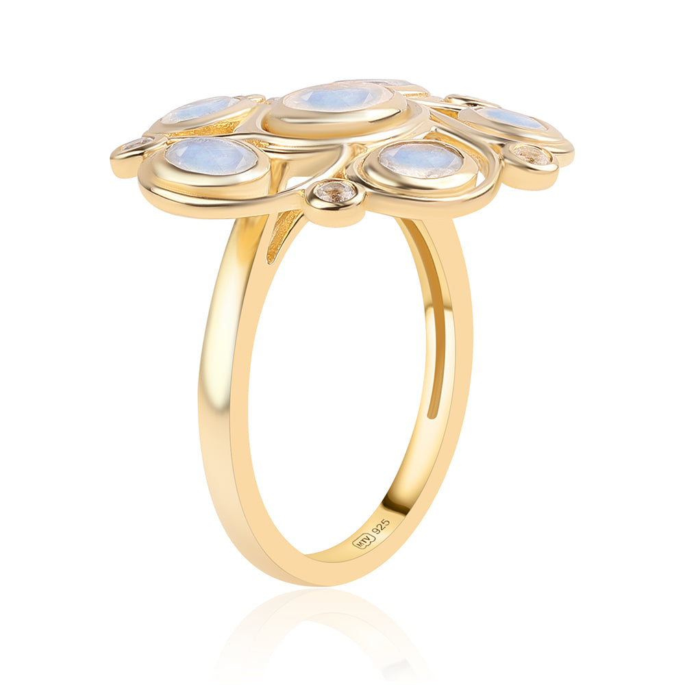 Pozlacený 925 / 1000 Sterlingové Stříbro Prsten s duhovým měsíčním kámenem tř. AA a Bílým Topazem 2 
