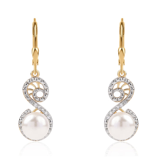 Pozlacené 925 / 1000 Sterlingové Stříbro Náušnice s Bílou Sladkovodní Perlou a Bílým Topazem