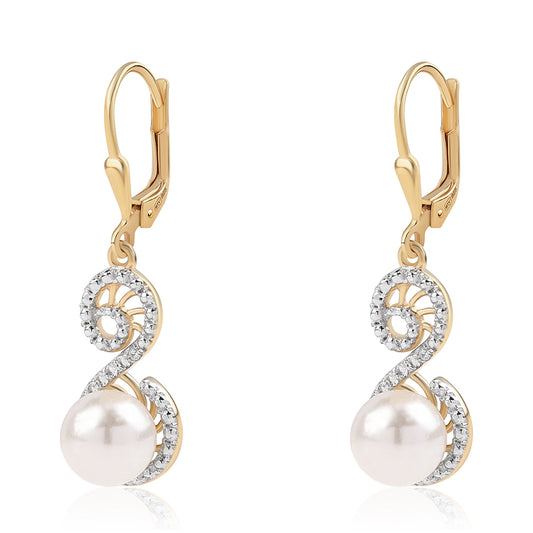 Pozlacené 925 / 1000 Sterlingové Stříbro Náušnice s Bílou Sladkovodní Perlou a Bílým Topazem