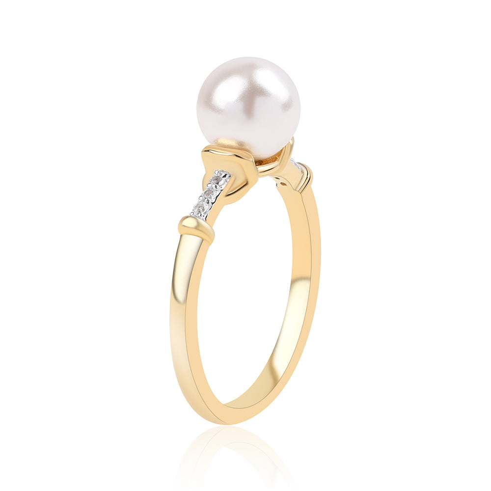 Pozlacené Stříbro 925/1000 - Prsten s Bílou Sladkovodní Perlou a Bílým Topazem - Karátové číslo: 4.34. přibližná hmotnost: 3.37 gramů 3 