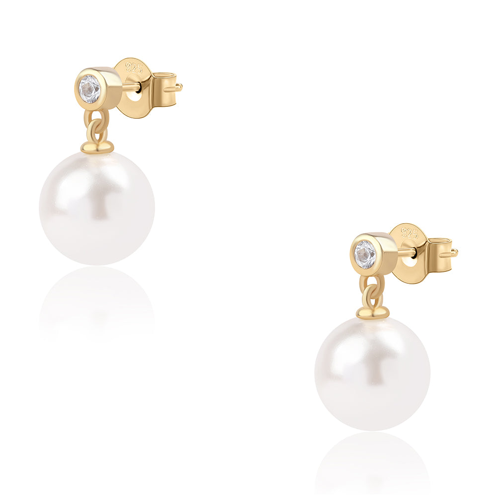 Pozlacené Sterlingové Stříbro 925 / 1000 - Náušnice s Bílou Sladkovodní Perlou a Bílým Topazem