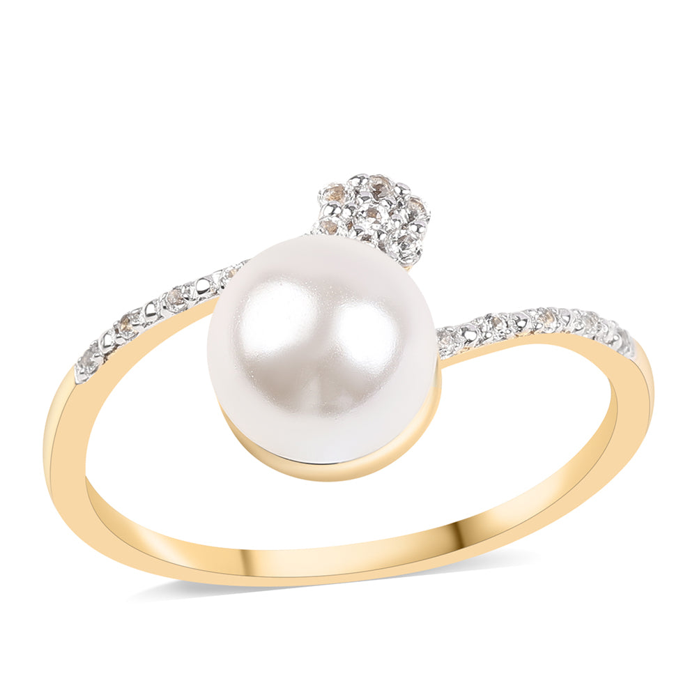 Pozlacené Stříbro 925/1000 - Prsten s Bílou Sladkovodní Perlou a Bílým Topazem - Karátové číslo: 4.2. přibližná hmotnost: 2.48 gramů 1 