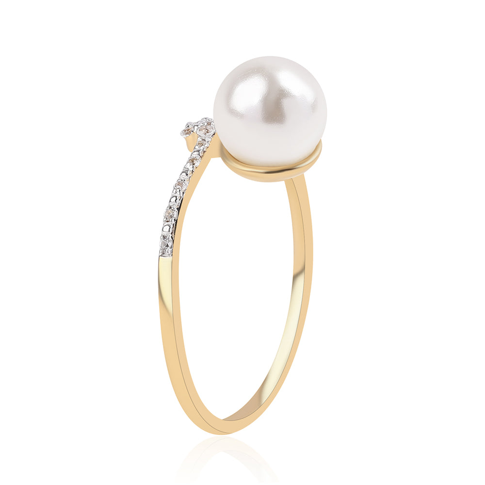 Pozlacené Stříbro 925/1000 - Prsten s Bílou Sladkovodní Perlou a Bílým Topazem - Karátové číslo: 4.2. přibližná hmotnost: 2.48 gramů 2 