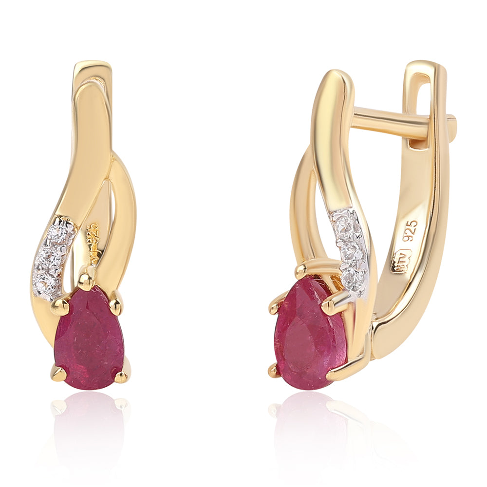Pozlacené 925 / 1000 Sterlingové Stříbro Náušnice s Mozambickým Rubínem a Bílým Topazem