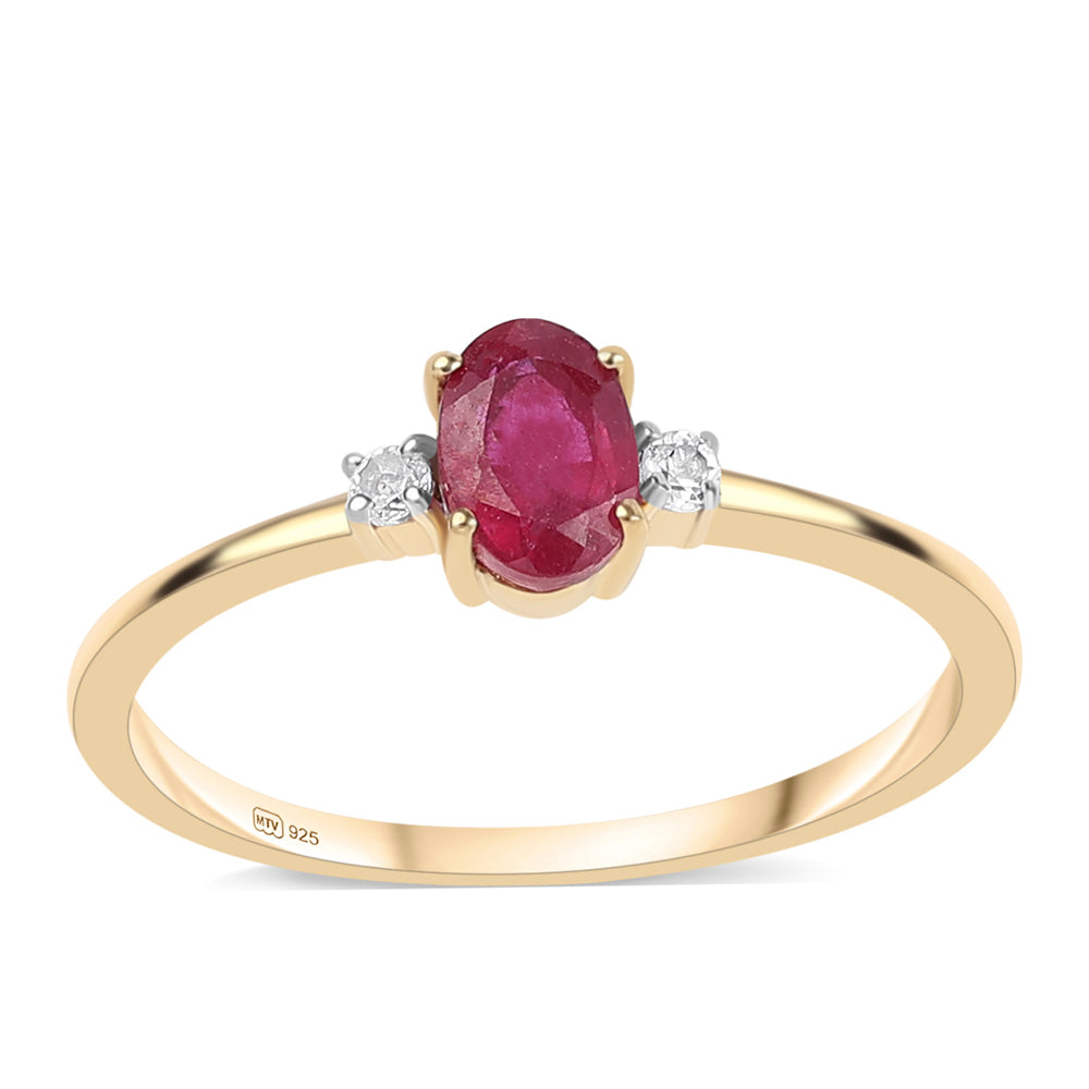 Pozlacené Stříbro 925/1000 - Prsten s Mozambickým Rubínem a Bílým Topazem - Karátové číslo: 0.71. přibližná hmotnost: 1.36 gramů