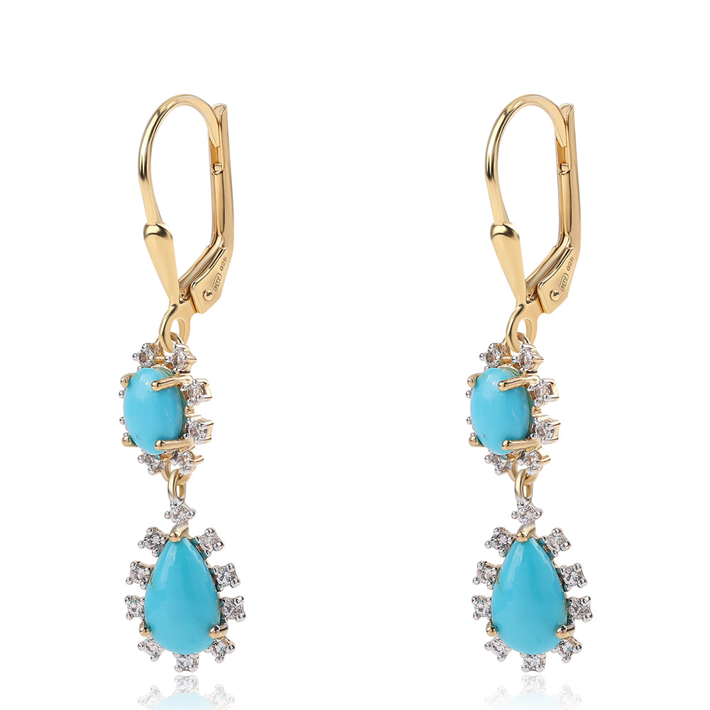 Pozlacené 925 / 1000 Sterlingové Stříbro Náušnice s Tyrkysem Sleeping Beauty a Bílým Topazem