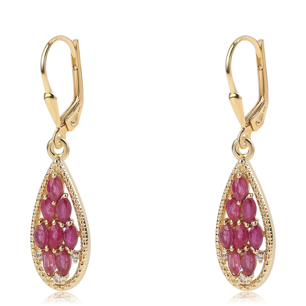 Pozlacené 925 / 1000 Sterlingové Stříbro Náušnice s Mozambickým Rubínem a Bílým Topazem 1 