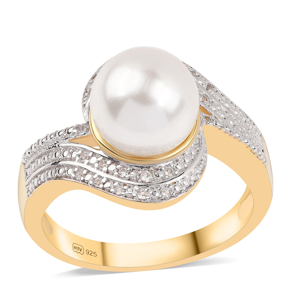 Pozlacené Stříbro 925/1000 - Prsten s Bílou Sladkovodní Perlou a Bílým Topazem - Karátové číslo: 7.32. přibližná hmotnost: 6.88 gramů 1 