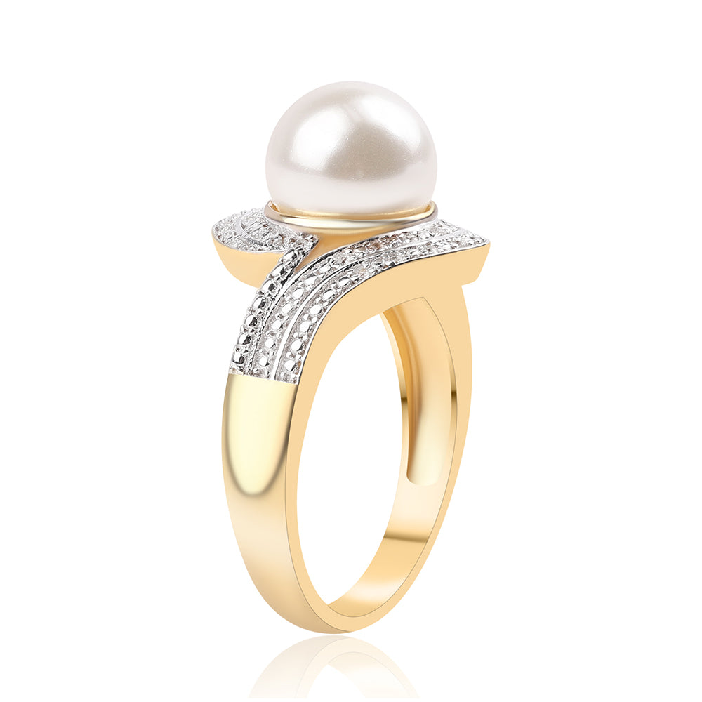 Pozlacené Stříbro 925/1000 - Prsten s Bílou Sladkovodní Perlou a Bílým Topazem - Karátové číslo: 7.32. přibližná hmotnost: 6.88 gramů 3 