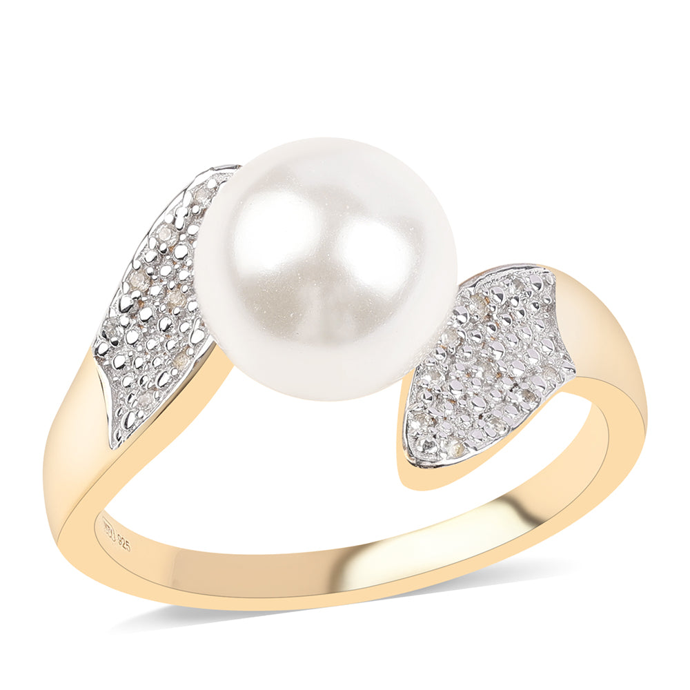 Pozlacené Stříbro 925/1000 - Prsten s Bílou Sladkovodní Perlou a Bílým Topazem - Karátové číslo: 7.38. přibližná hmotnost: 5.68 gramů 1 