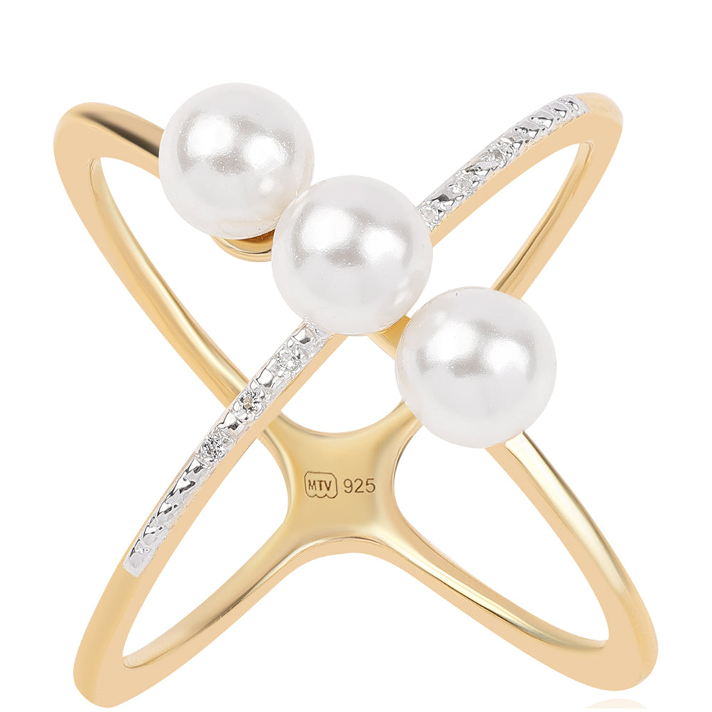 Pozlacené Stříbro 925/1000 - Prsten s Bílou Sladkovodní Perlou a Bílým Topazem - Karátové číslo: 5.72. přibližná hmotnost: 5.84 gramů 1 