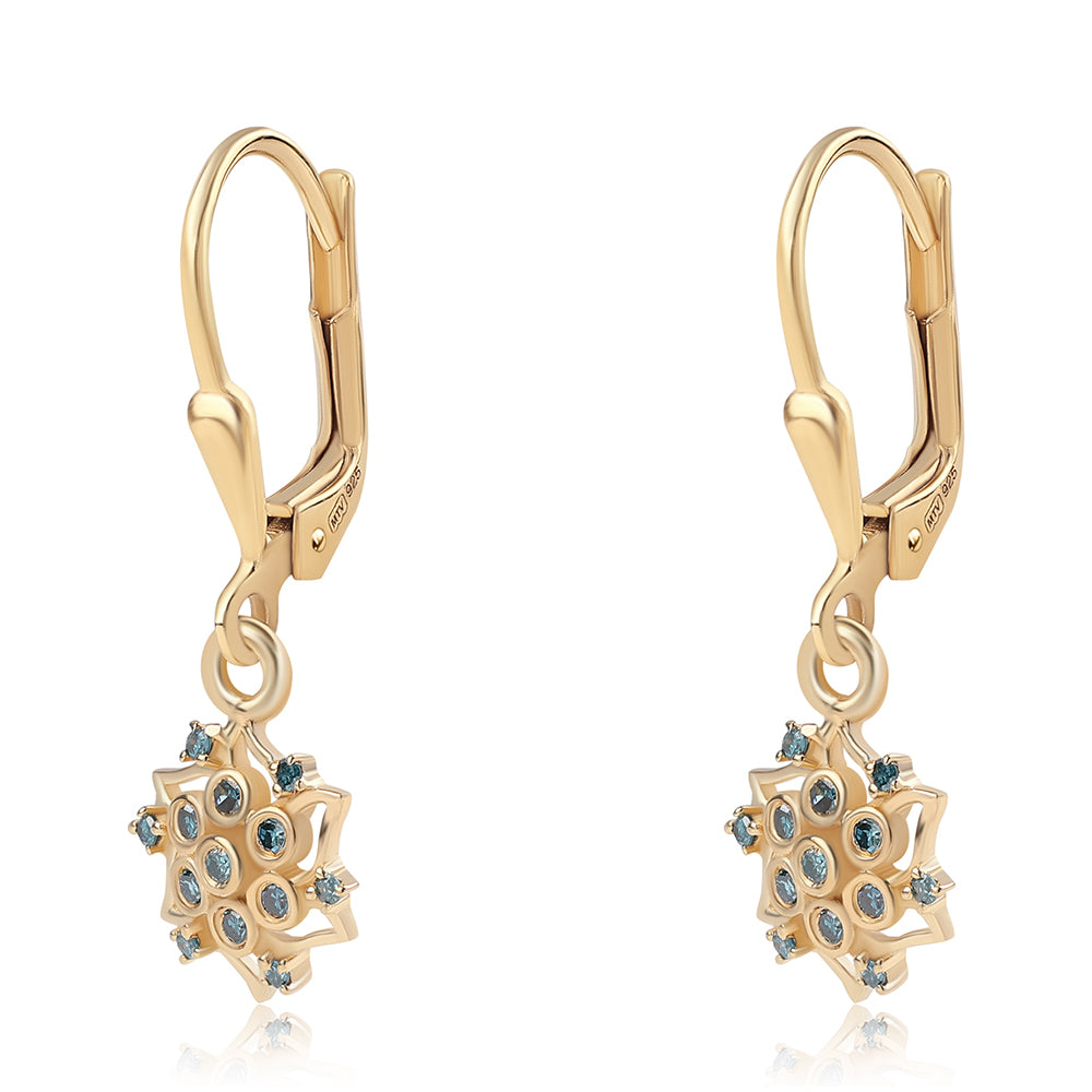 Pozlacené 925 / 1000 Sterlingové Stříbro Náušnice s Modrým Diamantem