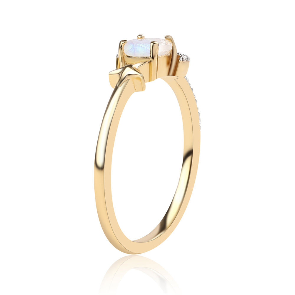 Pozlacený 925 / 1000 Sterlingové Stříbro Prsten s duhovým měsíčním kámenem tř. AA a Bílým Topazem 2 