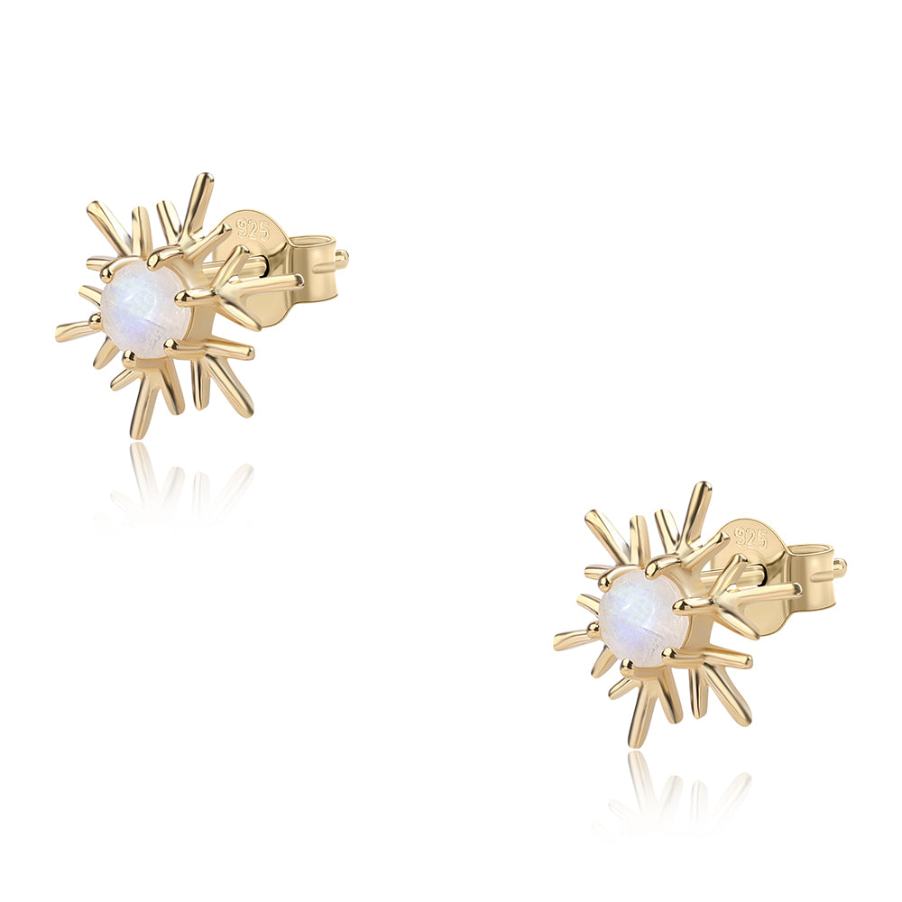 Pozlacené 925 / 1000 Sterlingové Stříbro Náušnice s duhovým měsíčním kámenem tř. AA 1 