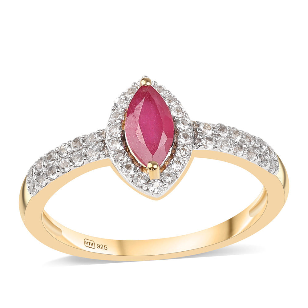 Pozlacené Stříbro 925/1000 - Prsten s Mozambickým Rubínem a Bílým Topazem - Karátové číslo: 1.02. přibližná hmotnost: 2.06 gramů 1 