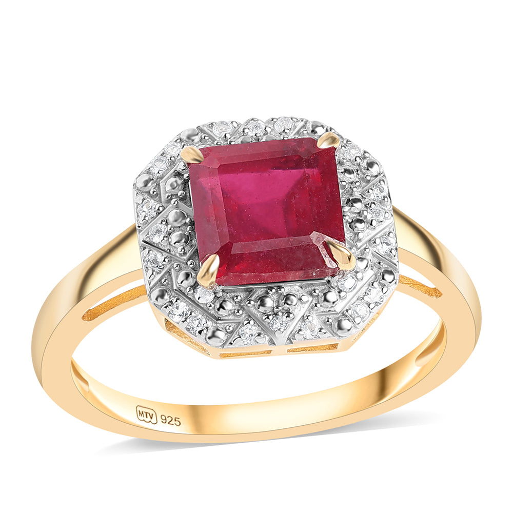 Pozlacený 925 / 1000 Sterlingové Stříbro Prsten s Mozambickým Rubínem a Bílým Topazem