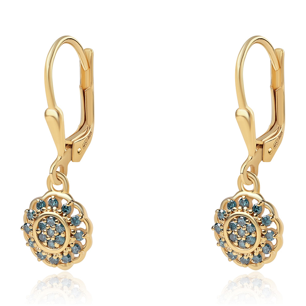 Pozlacené 925 / 1000 Sterlingové Stříbro Náušnice s Modrým Diamantem