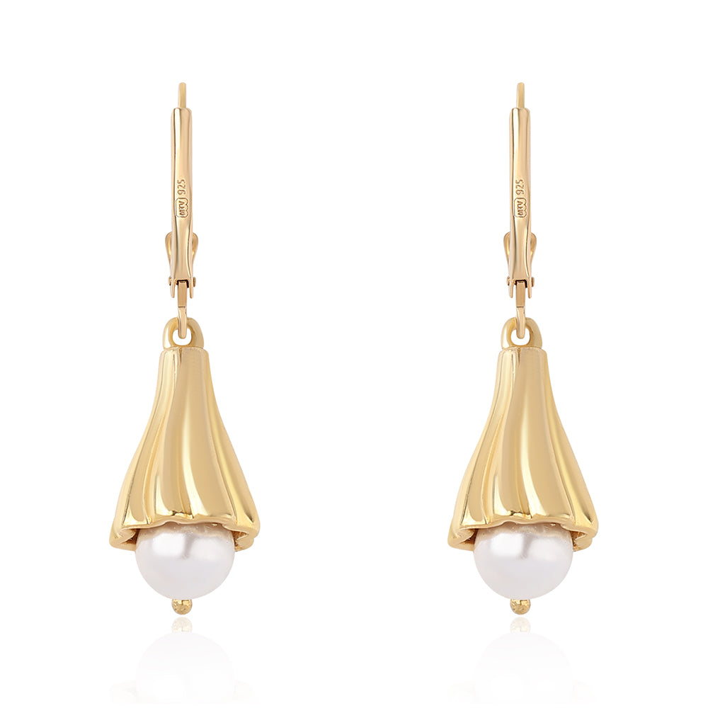 Pozlacené 925 / 1000 Sterlingové Stříbro Náušnice s Bílou Sladkovodní Perlou