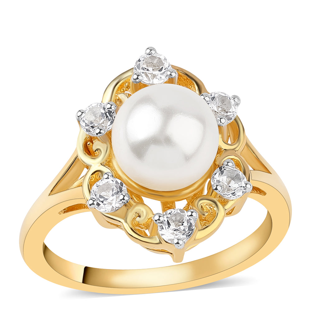 Pozlacené Sterlingové Stříbro 925 / 1000 - Prsten s Bílou Sladkovodní Perlou a Bílým Topazem
