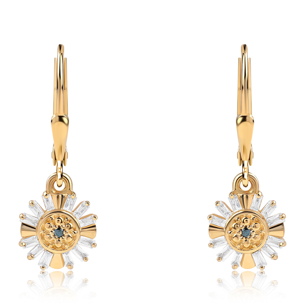 Pozlacené Stříbro 925/1000 - Náušnice s Modrým Diamantem a Bílým Topazem - Karátové číslo: 0.18. přibližná hmotnost: 1.85 gramů