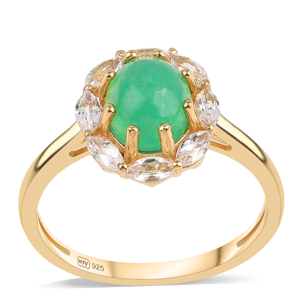 Pozlacený 925 / 1000 Sterlingové Stříbro Prsten se Zeleným Etiopským Opálem z Lega Dembi a Bílým Topazem