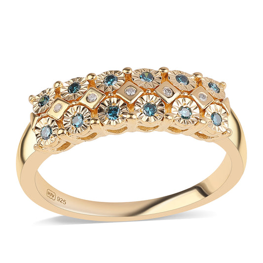 Pozlacený 925 / 1000 Sterlingové Stříbro Prsten s Modrým Diamantem a Bílým Diamantem