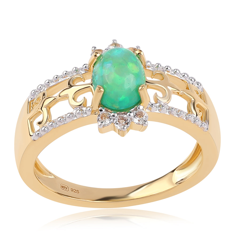 Pozlacený 925 / 1000 Sterlingové Stříbro Prsten se Zeleným Etiopským Opálem z Lega Dembi a Bílým Topazem 1 