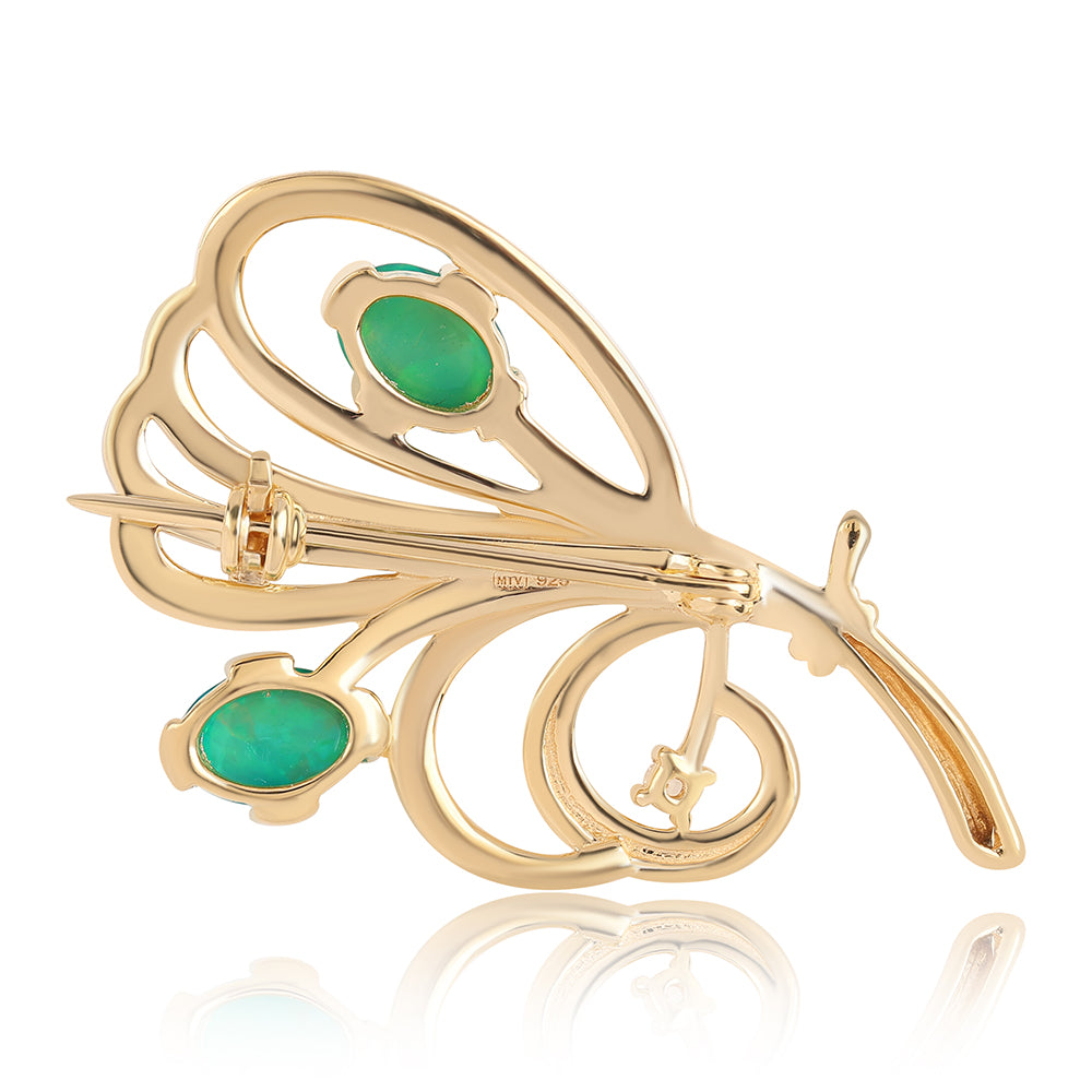 Pozlacený 925 / 1000 Sterlingové Stříbro Brož se Zeleným Etiopským Opálem z Lega Dembi a Bílým Topazem 2 