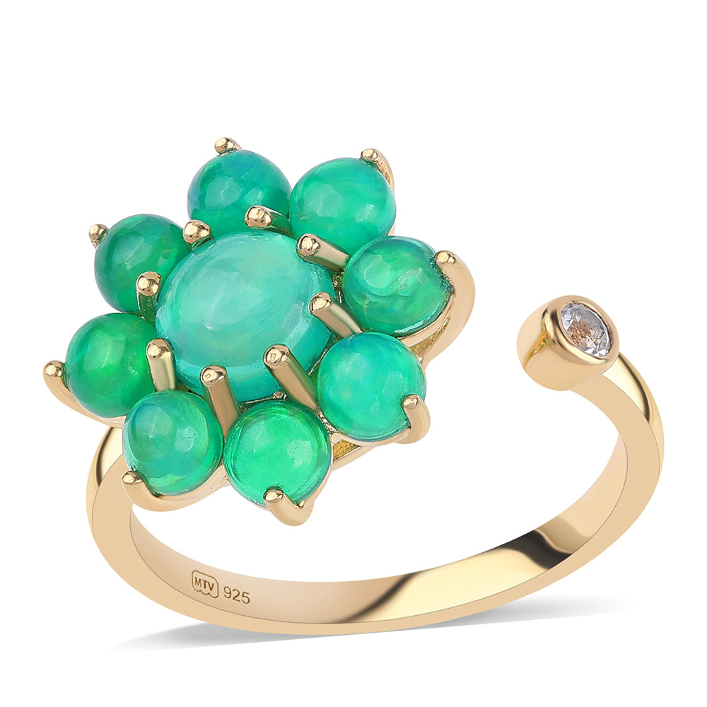 Pozlacený 925 / 1000 Sterlingové Stříbro Prsten se Zeleným Etiopským Opálem z Lega Dembi a Bílým Topazem