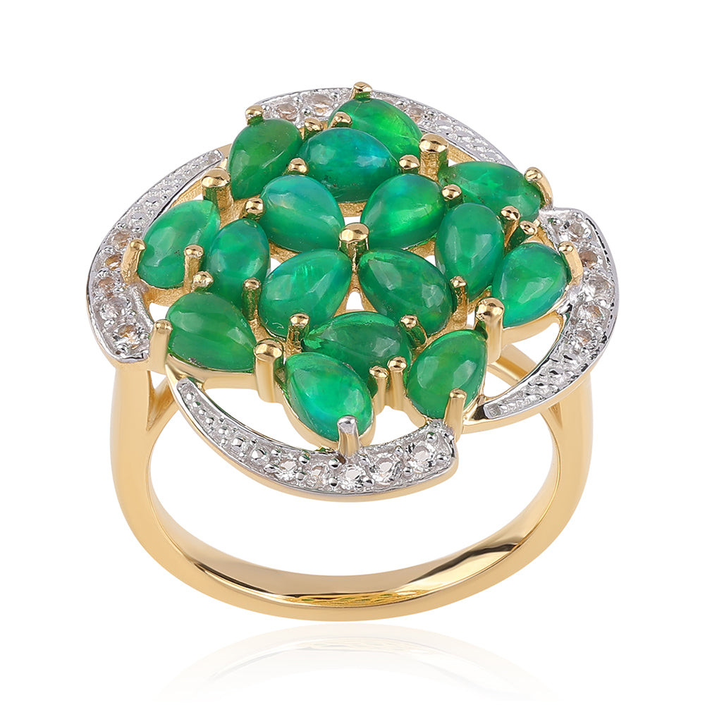 Pozlacený 925 / 1000 Sterlingové Stříbro Prsten se Zeleným Etiopským Opálem z Lega Dembi a Bílým Topazem