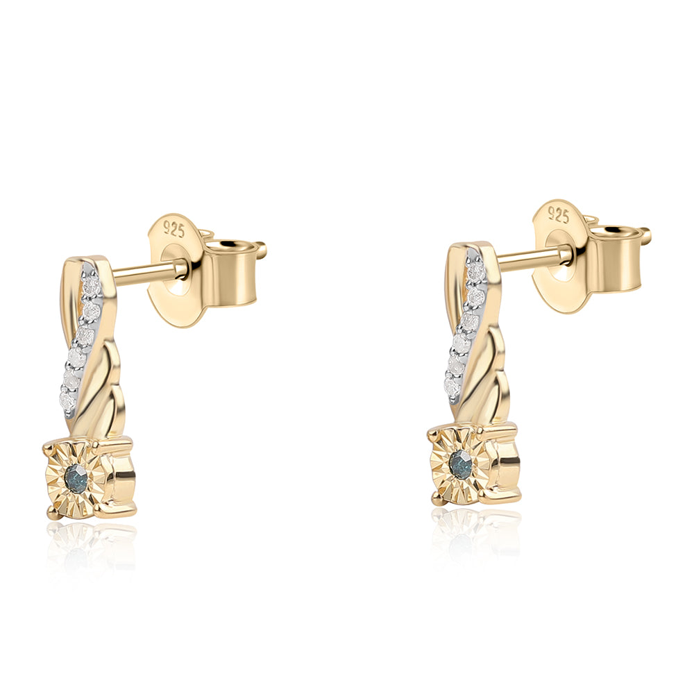 Pozlacené 925 / 1000 Sterlingové Stříbro Náušnice s Modrým Diamantem a Bílým Diamantem