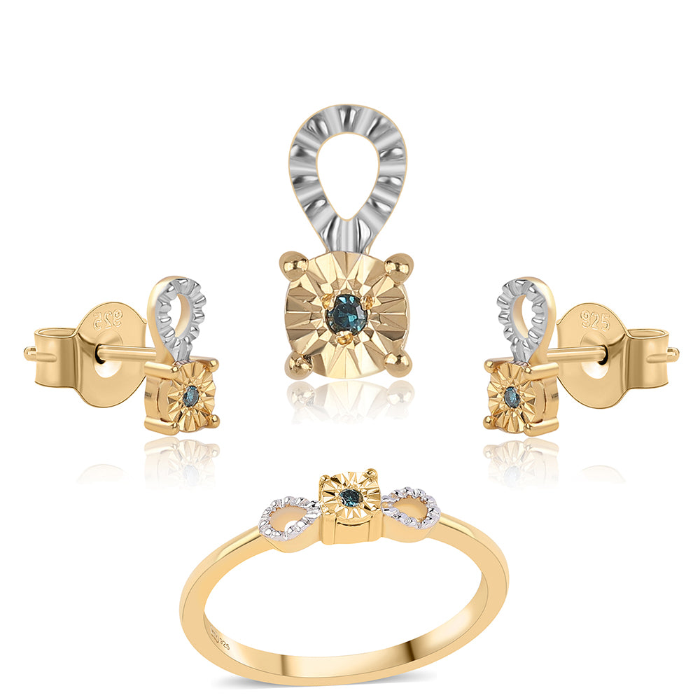 Pozlacené Stříbro 925/1000 - Sada s Modrým Diamantem - Karátové číslo: 0.02. přibližná hmotnost: 2.95 gramů ( Náušnice+Prsten+Přívěsek )