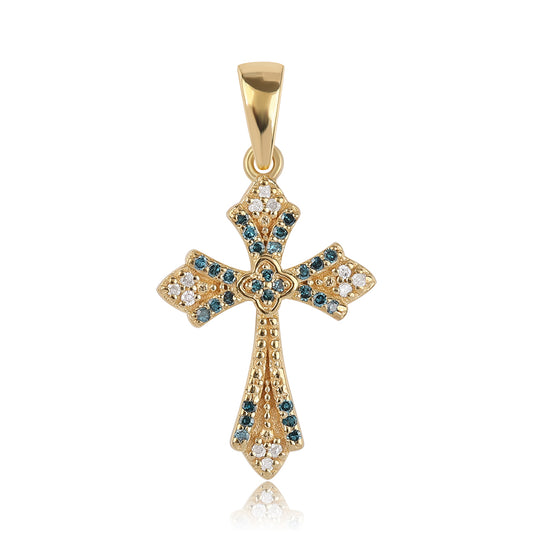 Kříž Pozlacený 925 / 1000 Sterlingové Stříbro Přívěsek s Modrým Diamantem a Bílým Diamantem