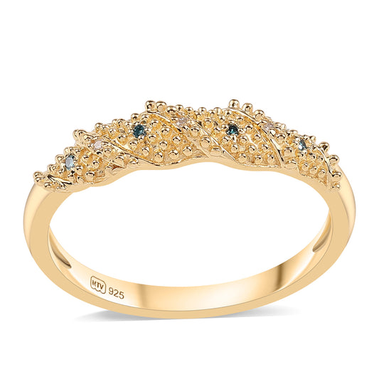 Pozlacené Stříbro 925/1000 - Prsten s Modrým Diamantem a Bílým Diamantem - Karátové číslo: 0.04. přibližná hmotnost: 2.29 gramů