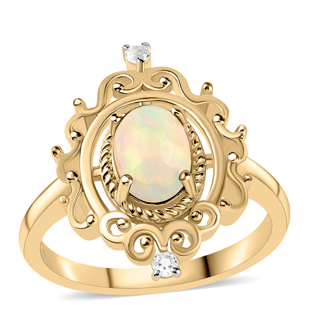 Pozlacený 925 / 1000 Sterlingové Stříbro Prsten s Etiopským Opálem z Lega Dembi a Bílým Topazem 1 