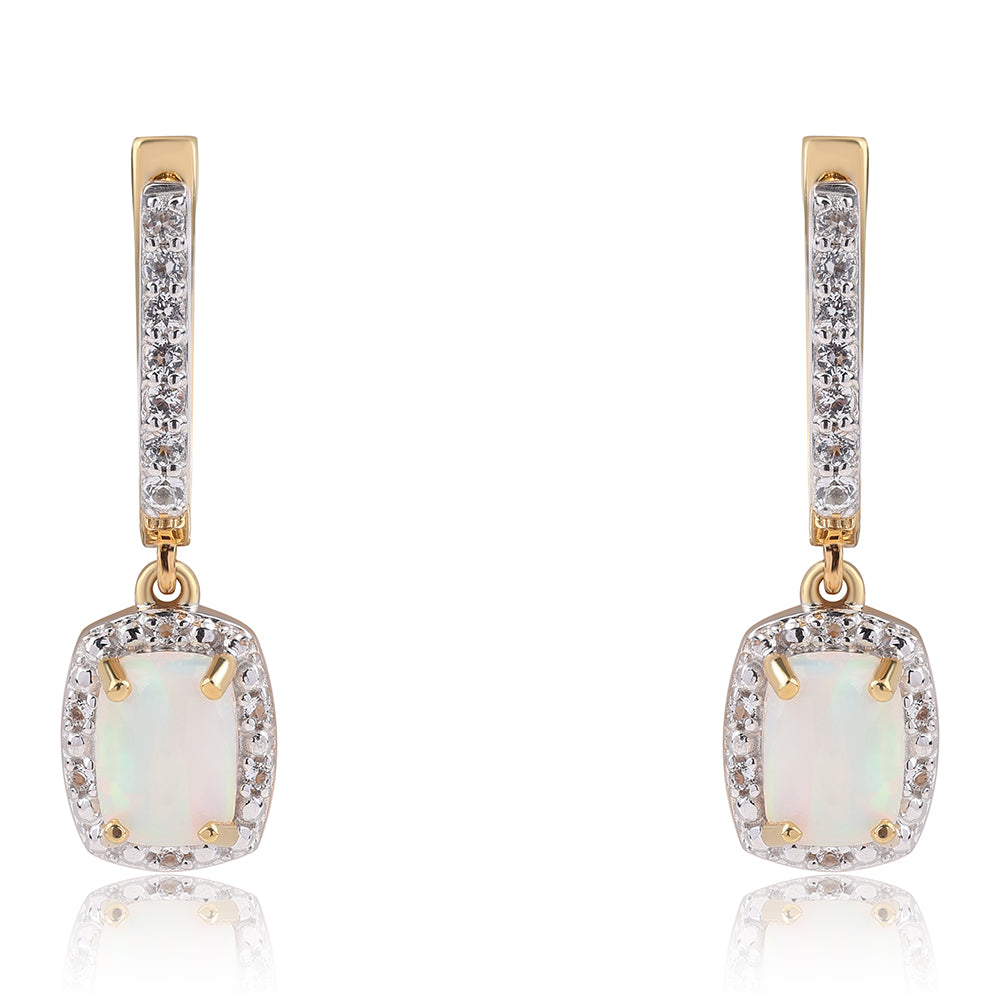 Pozlacené 925 / 1000 Sterlingové Stříbro Náušnice s Etiopským Opálem z Lega Dembi a Bílým Topazem