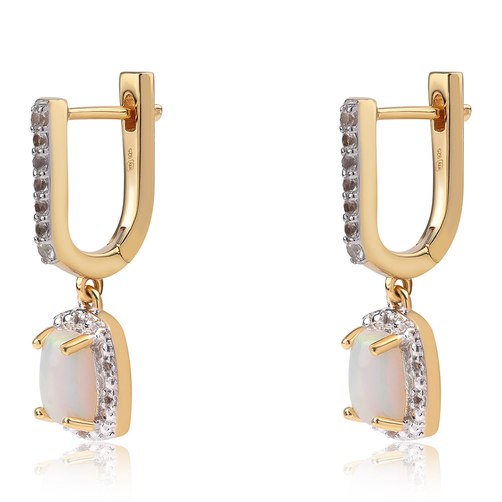 Pozlacené 925 / 1000 Sterlingové Stříbro Náušnice s Etiopským Opálem z Lega Dembi a Bílým Topazem 2 