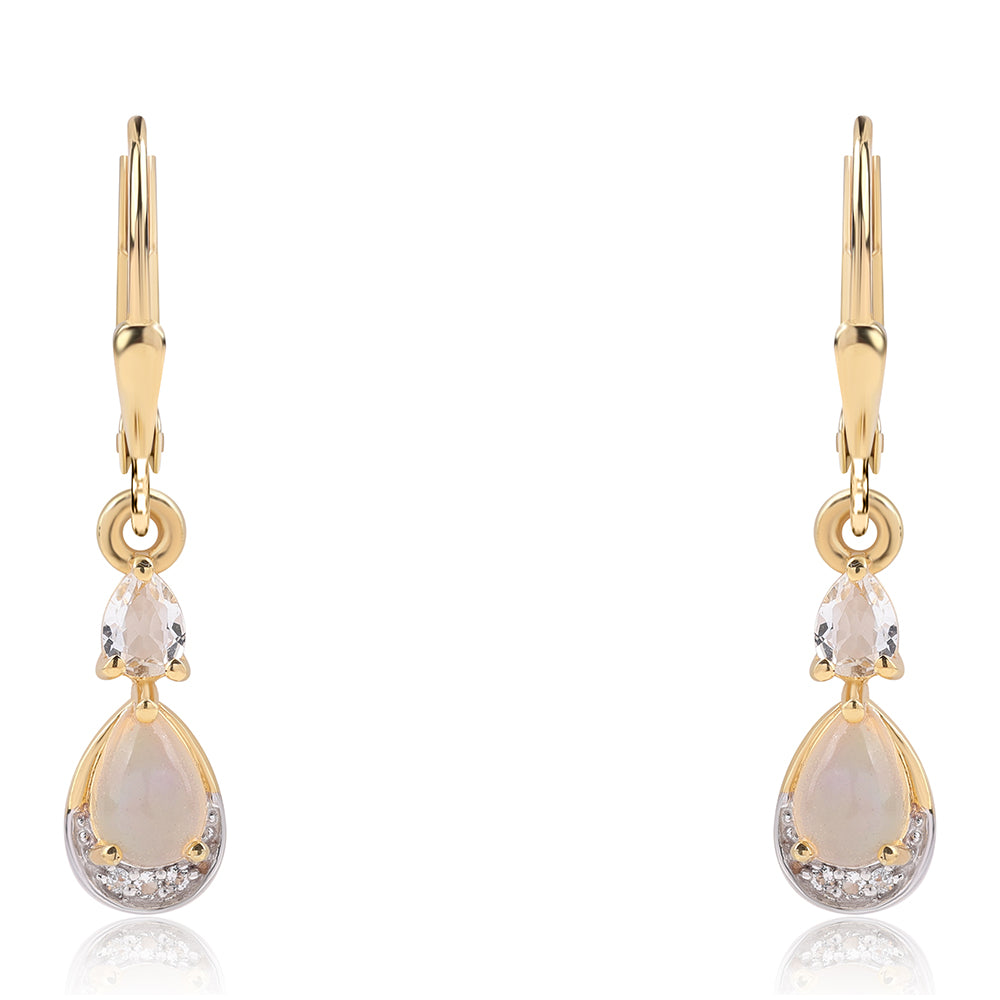 Pozlacené Sterlingové Stříbro 925 / 1000 - Náušnice s Etiopským Opálem z Lega Dembi a Bílým Topazem