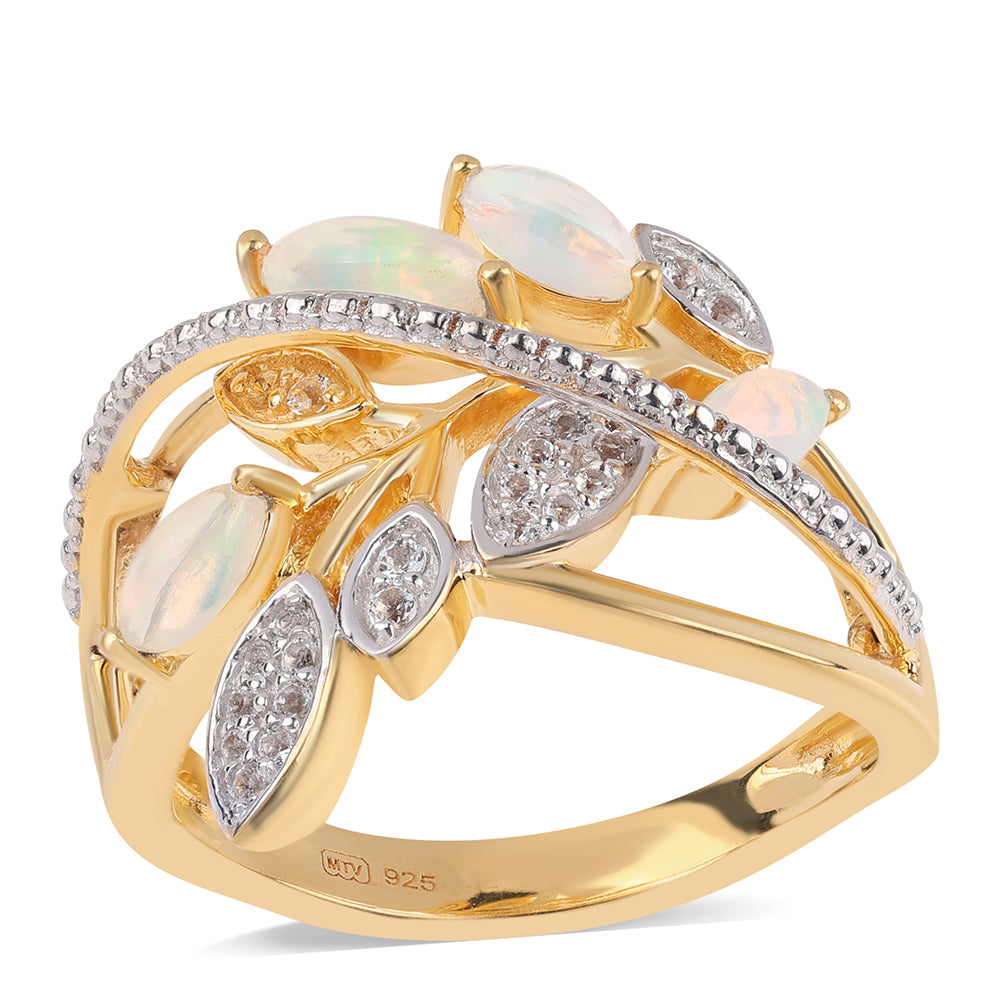 Pozlacený 925 / 1000 Sterlingové Stříbro Prsten s Etiopským Opálem z Lega Dembi a Bílým Topazem 1 