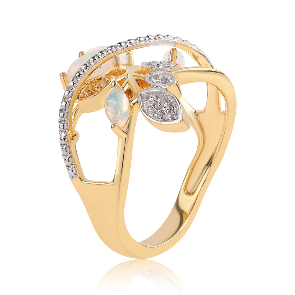 Pozlacený 925 / 1000 Sterlingové Stříbro Prsten s Etiopským Opálem z Lega Dembi a Bílým Topazem 2 