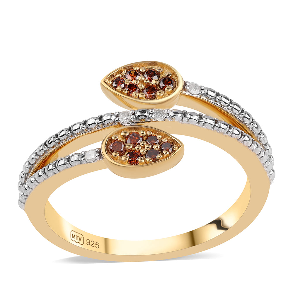 Pozlacené Stříbro 925/1000 - Prsten s Červeným Diamantem a Bílým Diamantem - Karátové číslo: 0.16. přibližná hmotnost: 3.08 gramů 1 