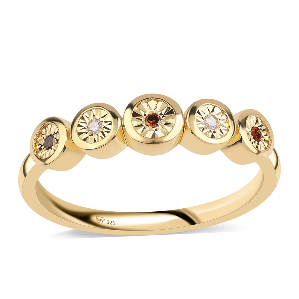 Pozlacené Stříbro 925/1000 - Prsten s Červeným Diamantem a Bílým Diamantem - Karátové číslo: 0.04. přibližná hmotnost: 2.48 gramů 1 