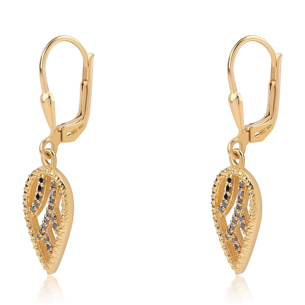 Pozlacené Stříbro 925/1000 - Náušnice s Černým Diamantem - Karátové číslo: 0.22. přibližná hmotnost: 2.58 gramů