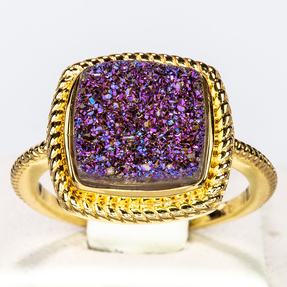 Pozlacený 925 / 1000 Sterlingové Stříbro Prsten s Fialovou Drusy