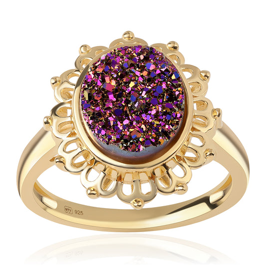 Pozlacený 925 / 1000 Sterlingové Stříbro Prsten s Fialovou Drusy