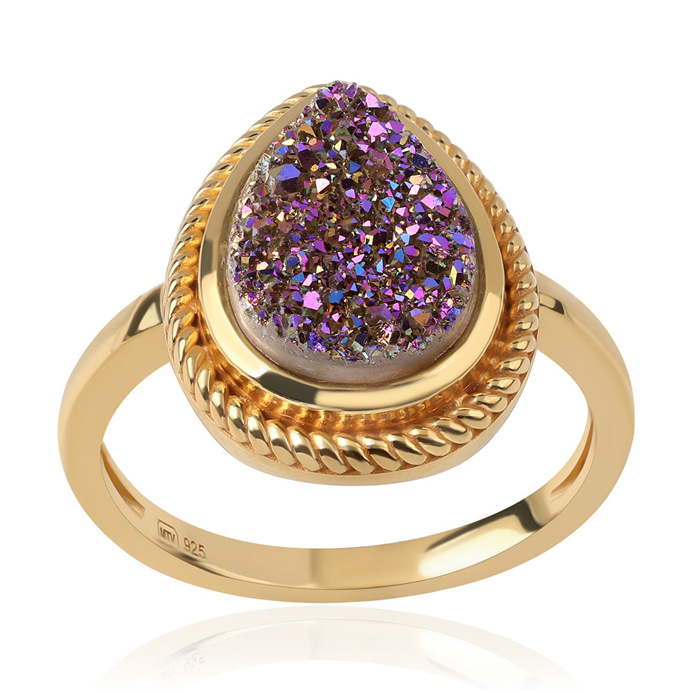 Pozlacený 925 / 1000 Sterlingové Stříbro Prsten s Fialovou Drusy 1 