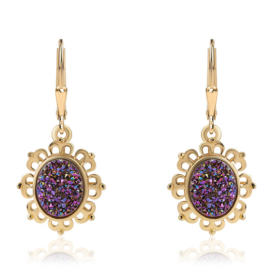 Pozlacené 925 / 1000 Sterlingové Stříbro Náušnice s Fialovou Drusy
