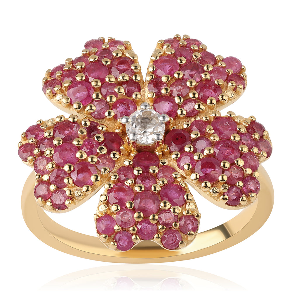 Pozlacené Stříbro 925/1000 - Prsten s Mozambickým Rubínem a Bílým Topazem - Karátové číslo: 1.65. přibližná hmotnost: 4.56 gramů 1 