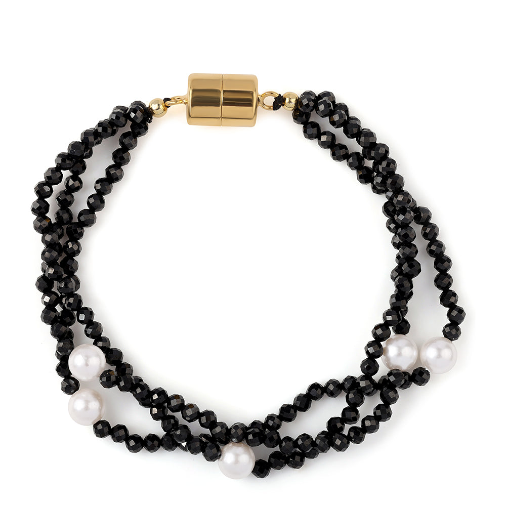 Pozlacený 925 / 1000 Sterlingové Stříbro Náramek s Černým spinelem a Bílou Sladkovodní Perlou