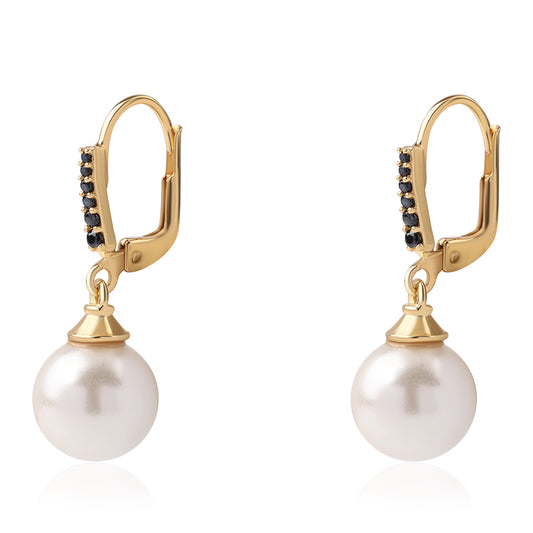 Pozlacené 925 / 1000 Sterlingové Stříbro Náušnice s Černým spinelem a Bílou Sladkovodní Perlou